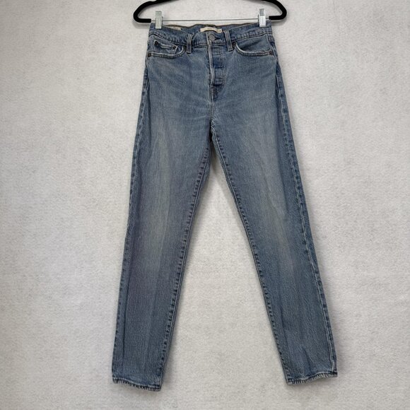 Levis Wedgie Jeans Womens 26 Blue High Rise Button Fly Straight Denim Distressed - Picture 1 of 15